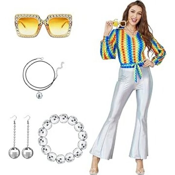 NWT Joy Bang 70s Disco Costume Set Size S with Rainbow Top Silver Bell-Bottoms - Picture 2 of 8